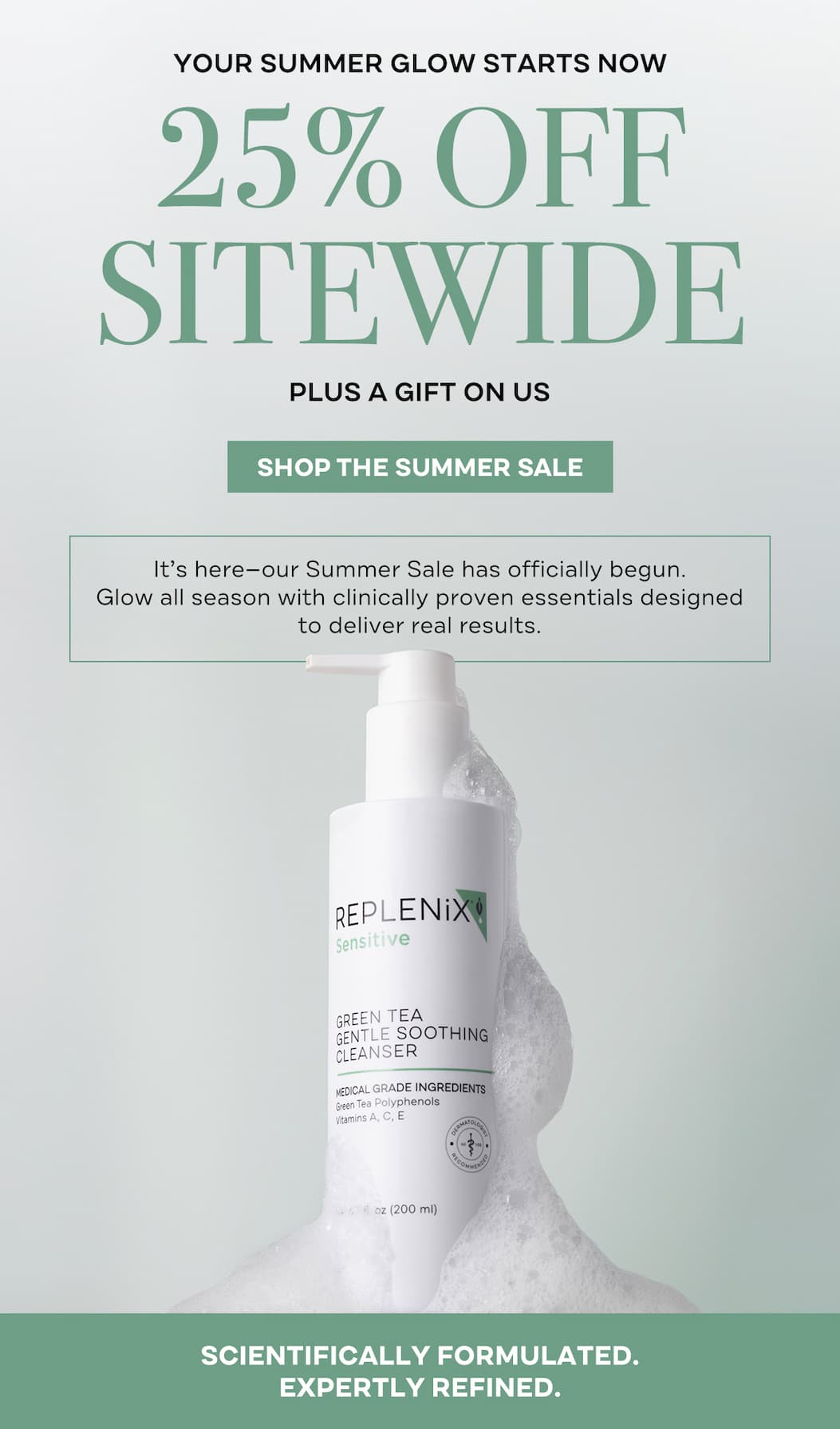 Replenix Summer Glow Event featuring 25% off sitewide plus free Gly-Sal 5-2 Clarifying Pads, cosmetic pouch, and mirror on qualifying $99+ purchases.