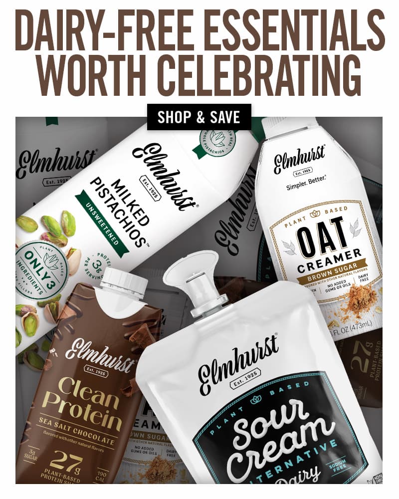 A collection of Elmhurst Non-dairy milks, Sour Cream, and Clean Protein. Shop and Save.