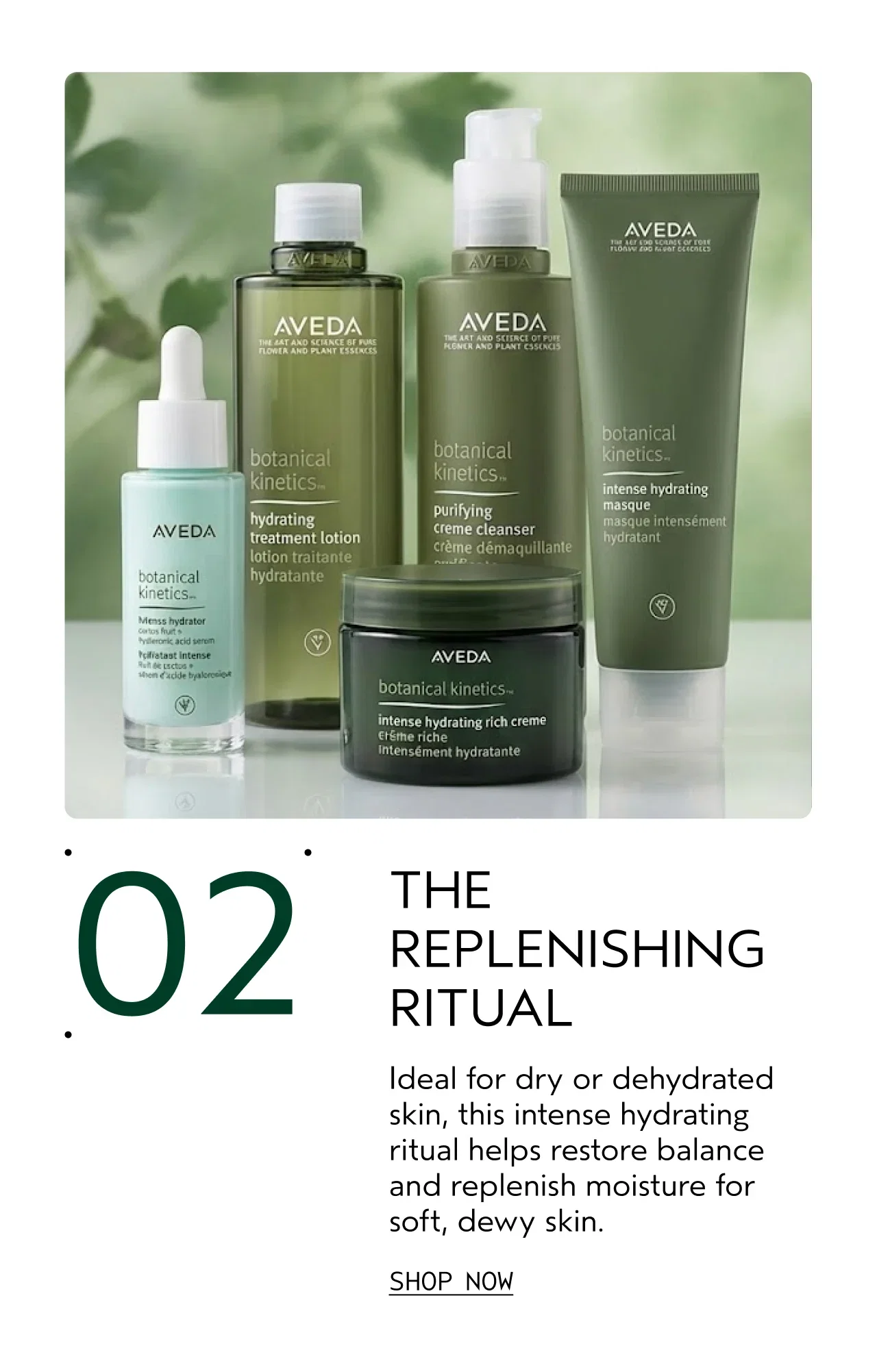02 | THE REPLENISHING RITUAL | Ideal for dry or dehydrated skin, this intense hydrating ritual helps restore balance and replenish moisture for soft, dewy skin. | SHOP NOW