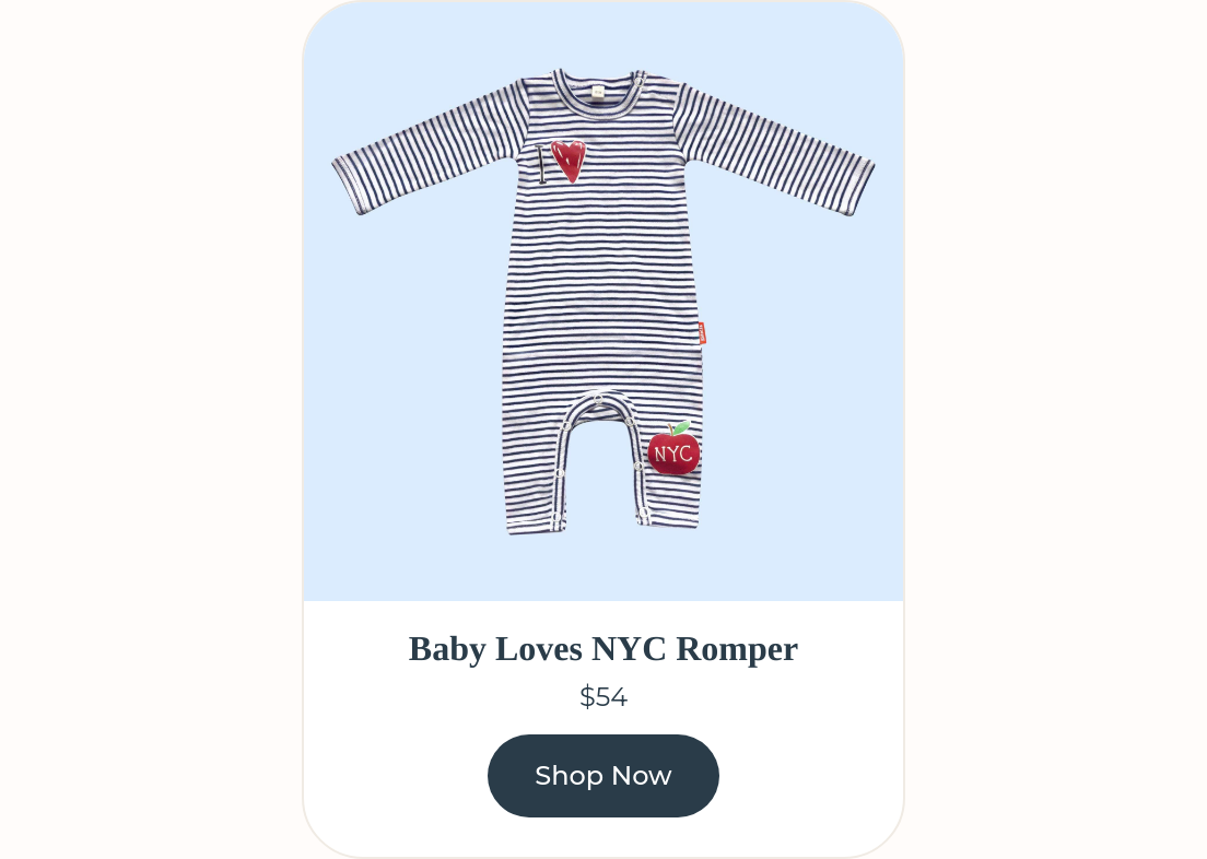Baby Loves NYC Romper — navy striped organic romper with NYC motifs