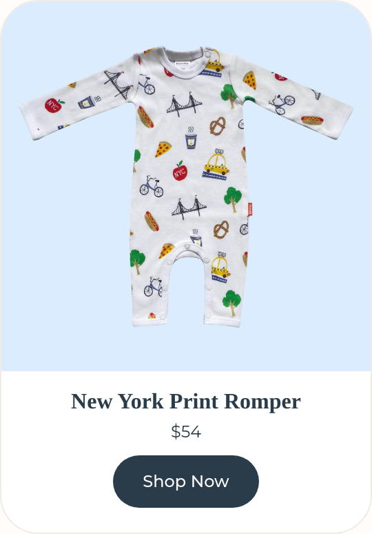 New York Print Romper — organic with bridges, taxis, and city icons