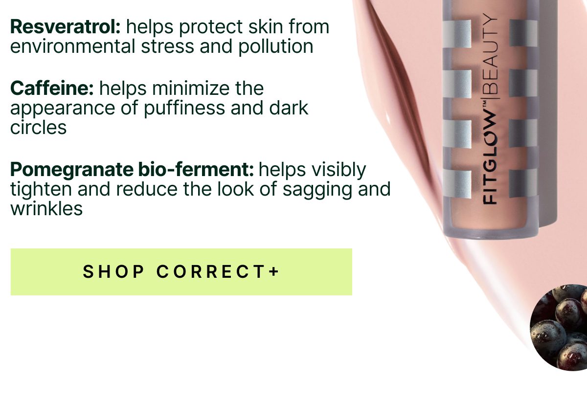 Text listing benefits of ingredients: Resveratrol, Caffeine, Pomegranate bio-ferment.