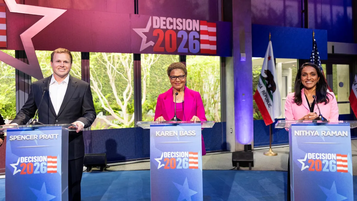 Candidates (from L-R) Spencer Pratt, Karen Bass and Nithya Raman appear at the NBC4 and Telemundo 52 Los Angeles Mayoral Debate at the Skirball Cultural Center in Los Angeles, California, May 6, 2026. (Jon Rou/LMU)