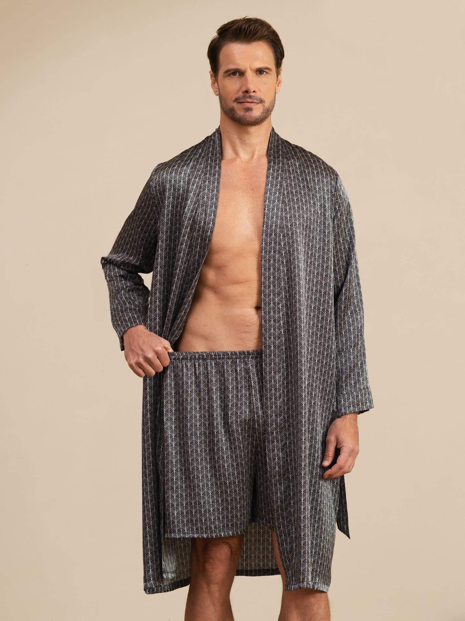 Pure Silk Men’s Knee Length Ginkgo Printed Robe & Sleep Shorts Set