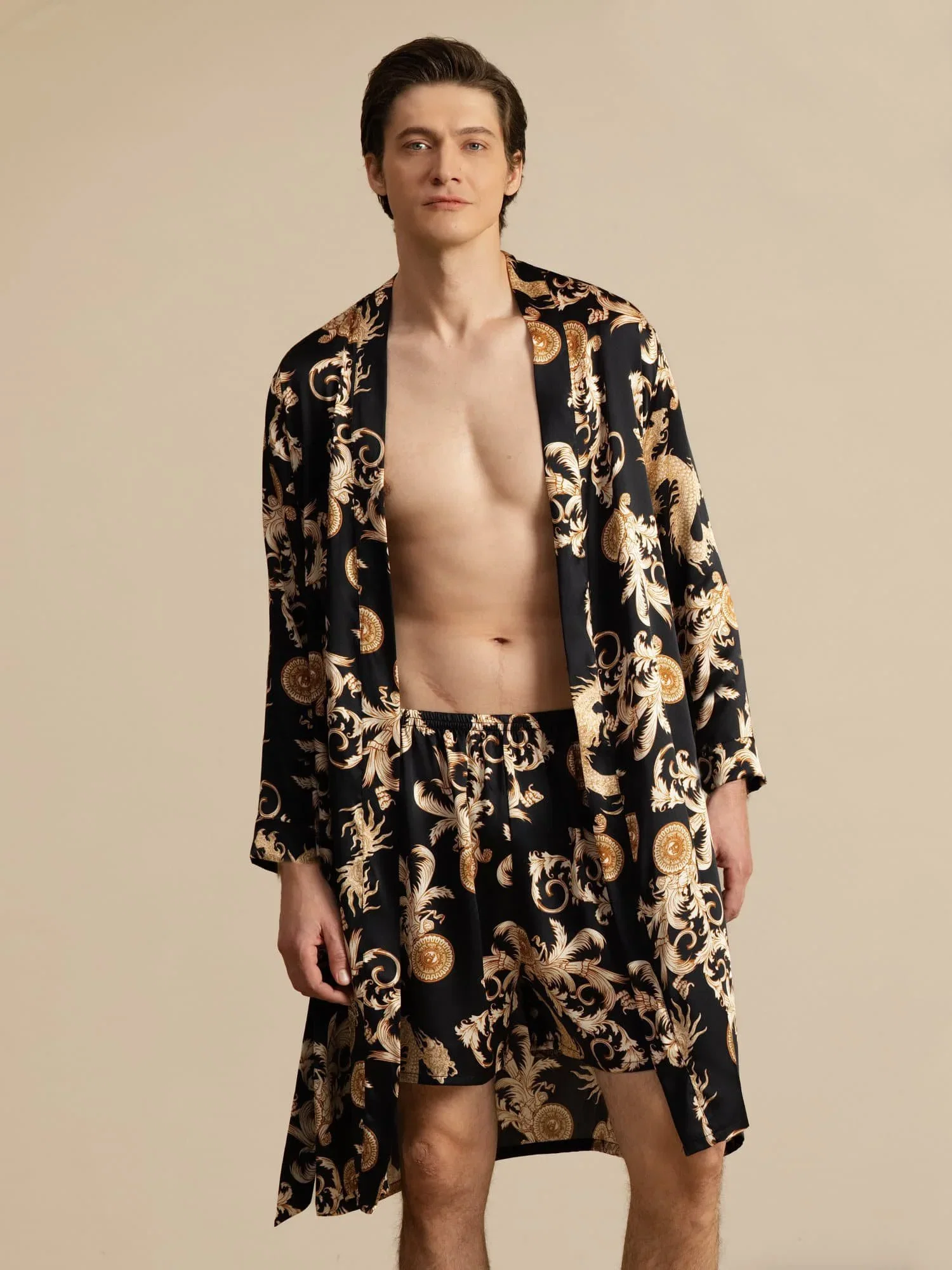 Pure Silk Men’s Knee Length Dragon Pattern Robe & Sleep Shorts Set