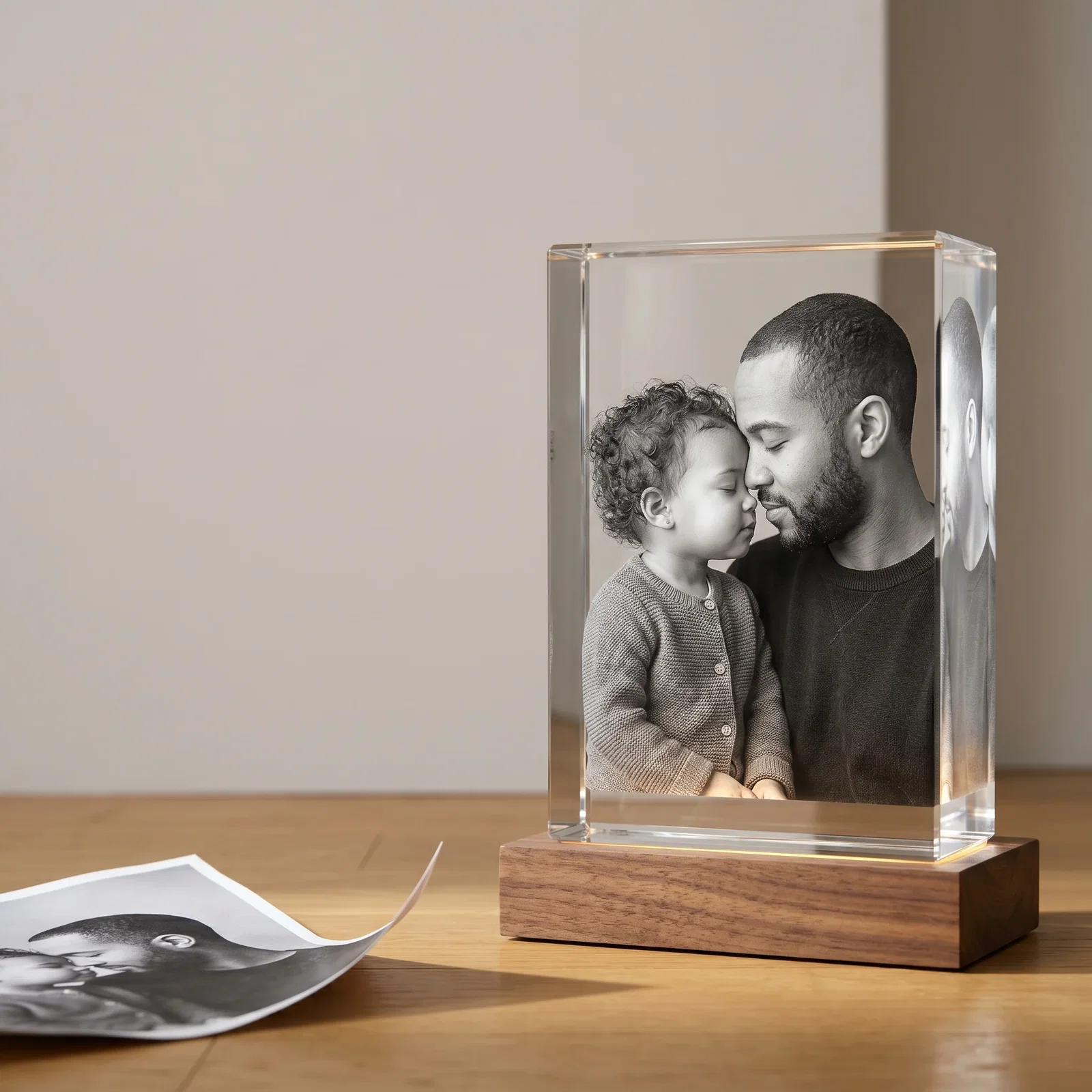A father holding his daughter, preserved inside a 3D Beyond Memories crystal