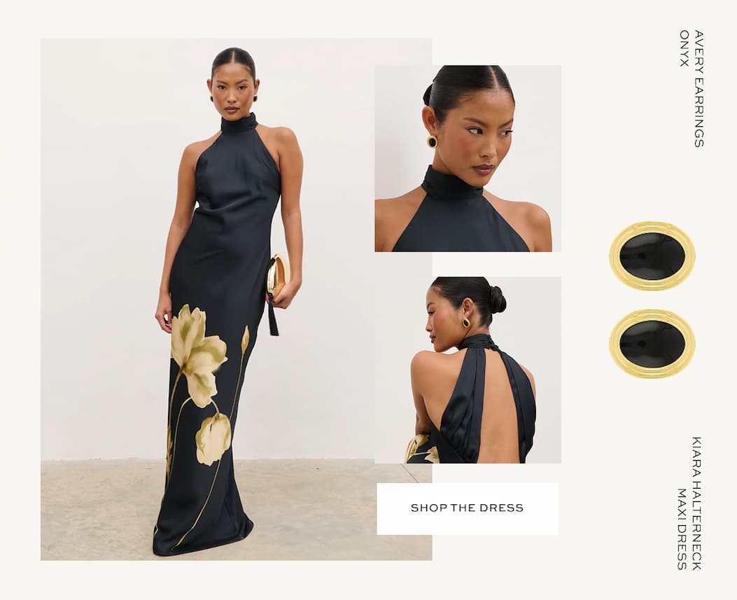 Avery Earrings in Onyx paired with the Kiara Halterneck Maxi Dress