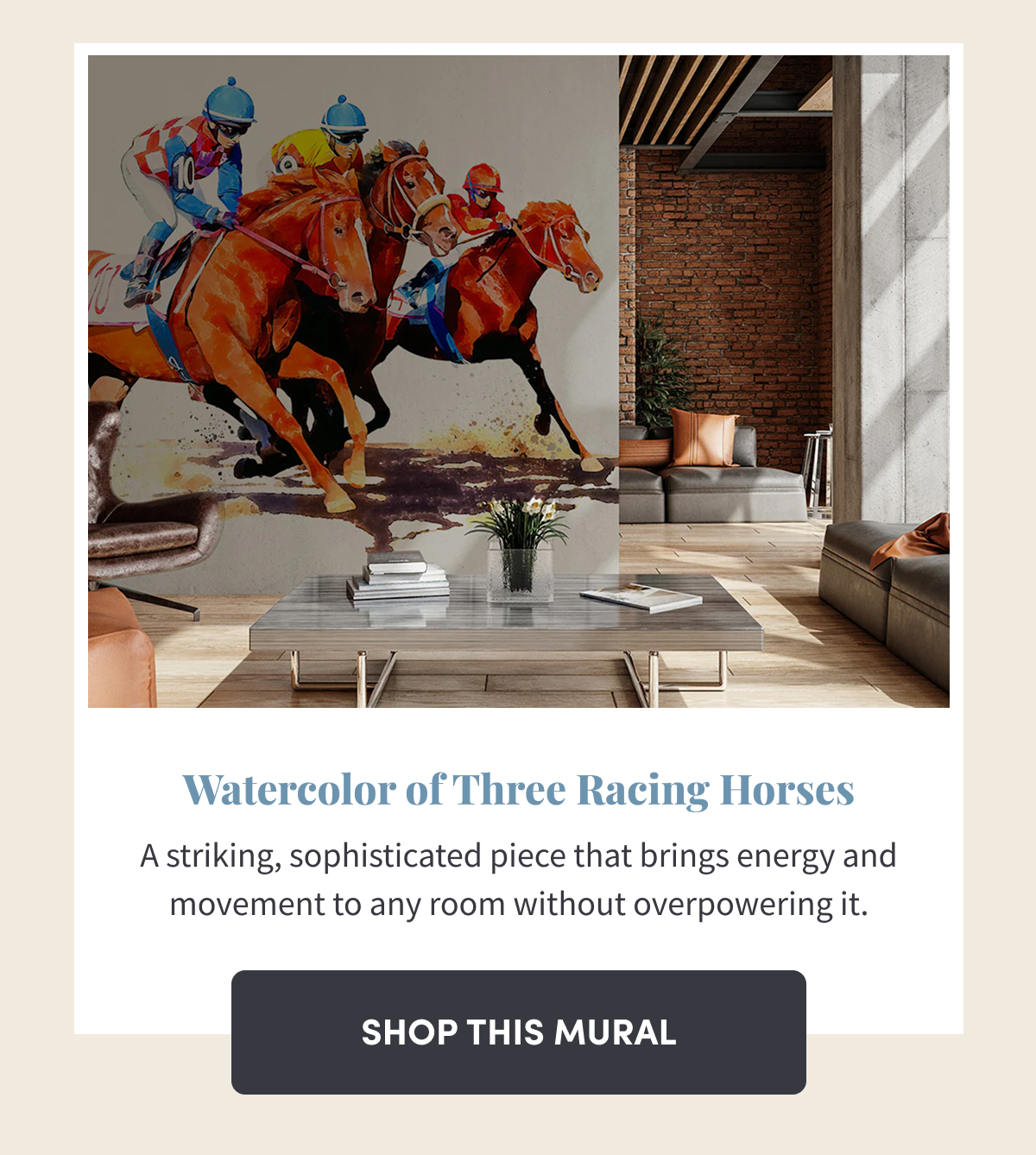 Watercolor of Three Racing Horses. Shop This Mural.
