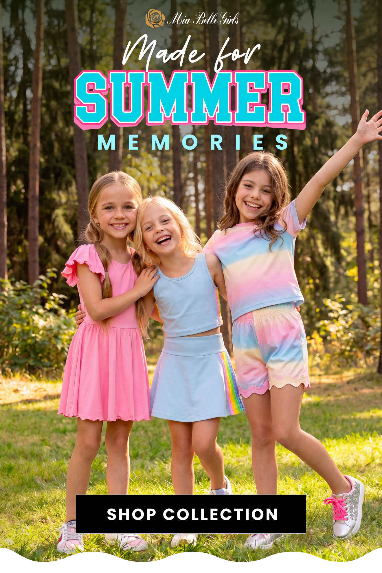New summer Camp - Colorful camp-ready activewear from Mia Belle Girls, featuring comfortable summer styles designed for camp, play, sports, and everyday adventures.