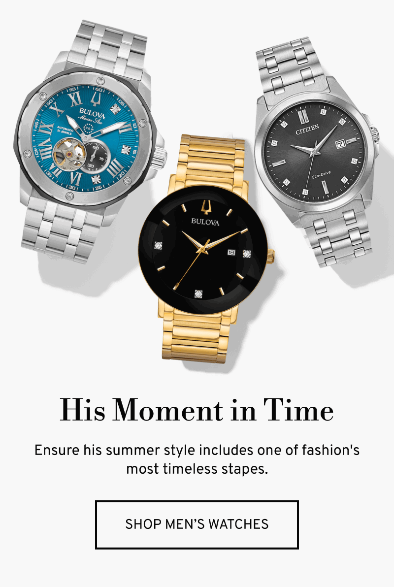 Three men’s watches, all with different metal and face colors. His moment in time. Click to Shop Men’s Watches