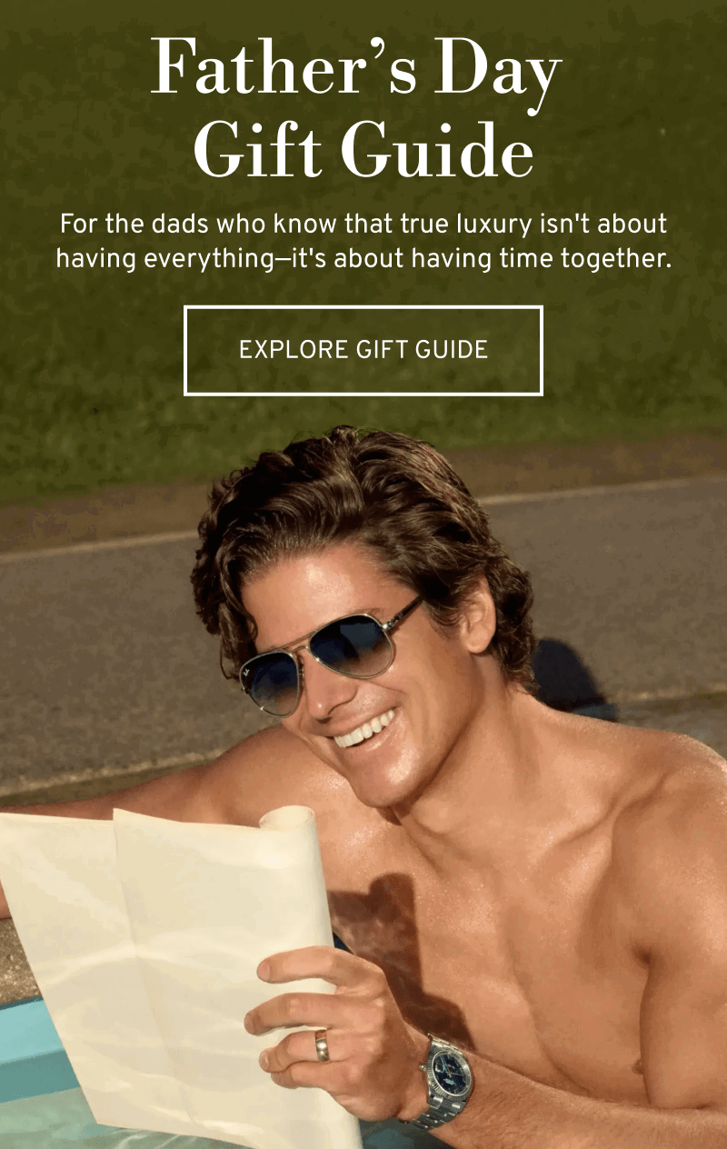 Male model wearing jewelry in a pool. Father’s Day Gift Guide. For the dads who know true luxury. Click to Explore Gift Guide