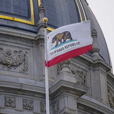 California's flag flies outside of the San Francisco City Hall on May 22, 2026.