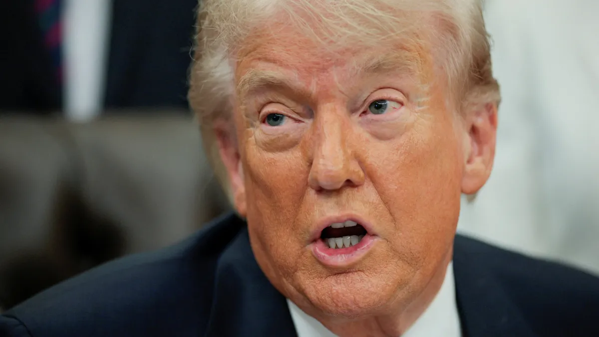President Donald Trump speaks during an event to sign a memorandum in the Oval Office at the White House in Washington, D.C., U.S., May 5, 2026.