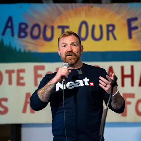 U.S. Senate candidate Graham Platner, a Democrat running to replace Republican Sen. Susan Collins, campaigns on May 2, 2026, in Appleton, Maine.