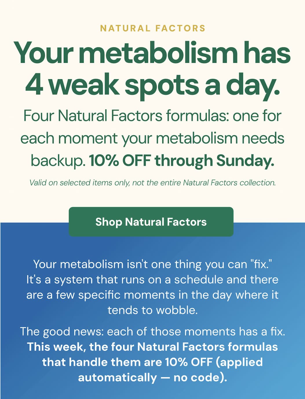 NATURAL FACTORS: Your metabolism has 4 weak spots a day. Four Natural Factors formulas — one for each moment your metabolism needs backup. 10% off through Sunday.  Your metabolism isn't one thing you can "fix." It's a system that runs on a schedule and there are a few specific moments in the day where it tends to wobble. The good news: each of those moments has a fix. This week, the four Natural Factors formulas that handle them are 10% off (applied automatically — no code).
