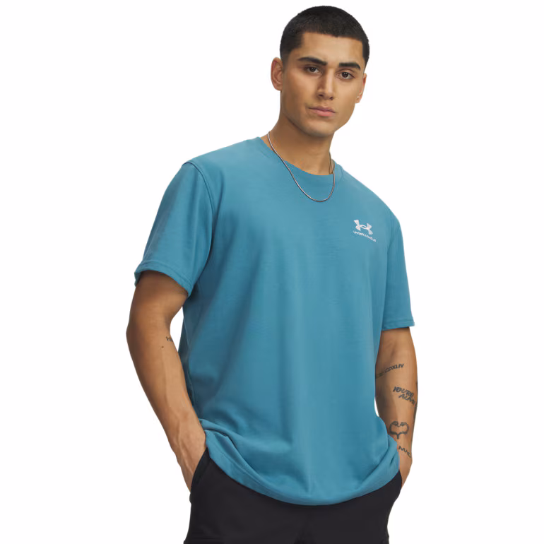 Męski t-shirt z nadrukiem Under Armour UA Logo Emb Heavyweight SS - niebieski