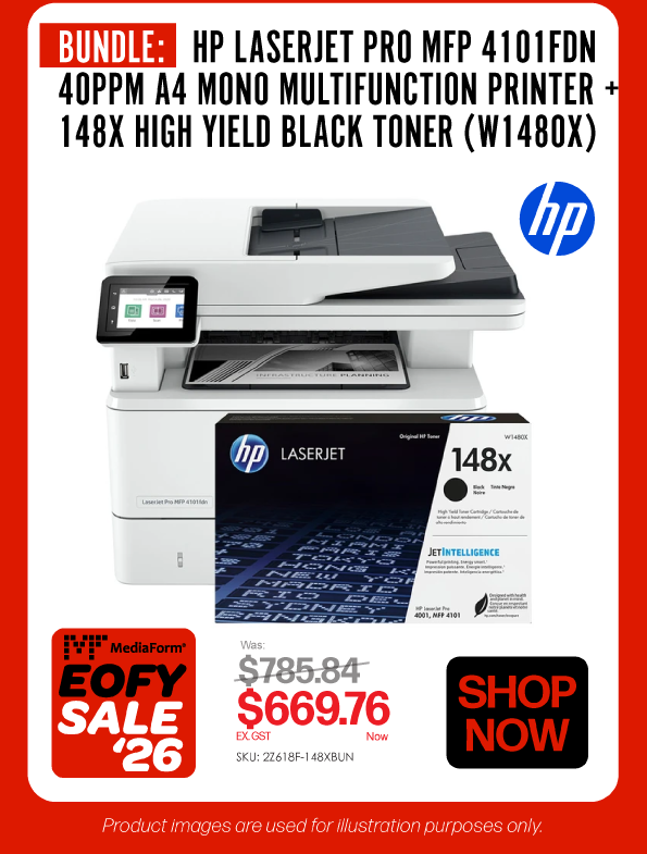 Shop Now BUNDLE: HP LaserJet Pro MFP 4101fdn Printer + 148X High Yield Toner (W1480X) - Was $785.84, Now $669.76 Ex GST