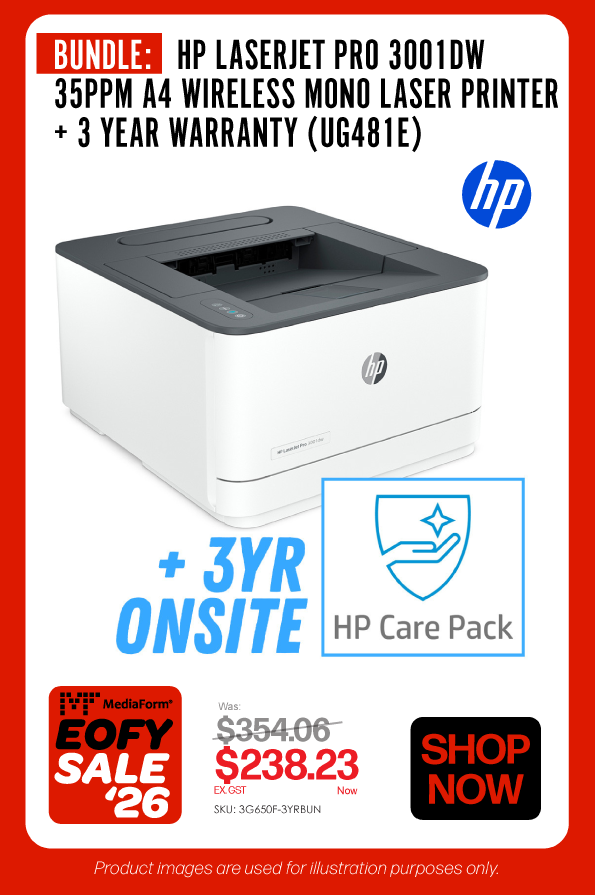 Shop Now BUNDLE: HP LaserJet Pro 3001dw Printer + 3 Year Warranty (UG481E) - Was $354.06, Now $238.23 Ex GST