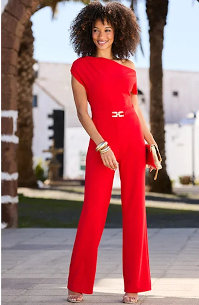 Red Asymmetric One Shoulder Jumpsuit