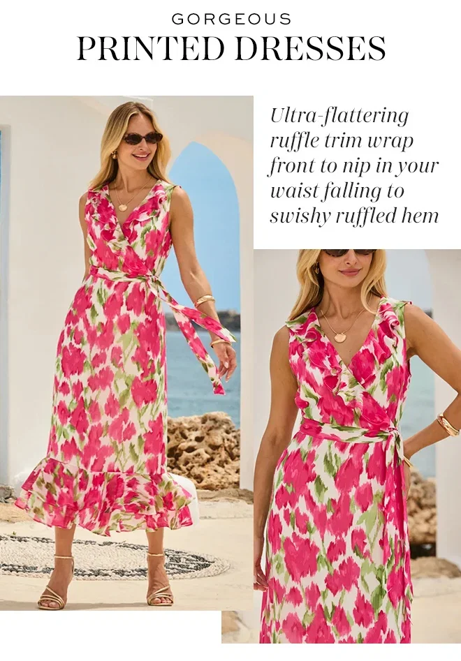 Pink Floral Print Ruffle Hem Wrap Dress