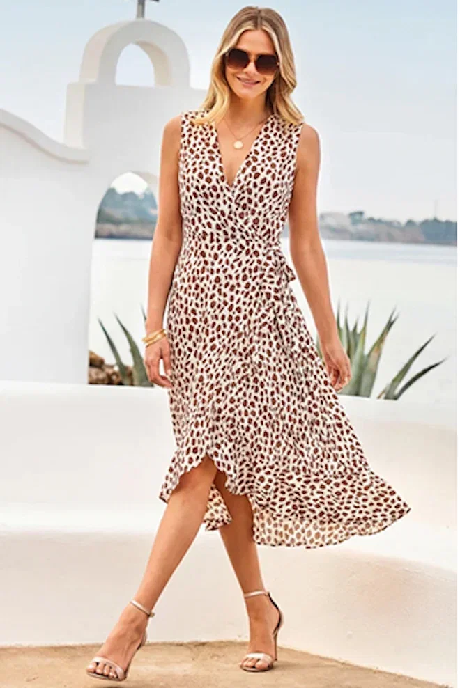Ivory & Chocolate Brown Fleck Print Wrap Dress
