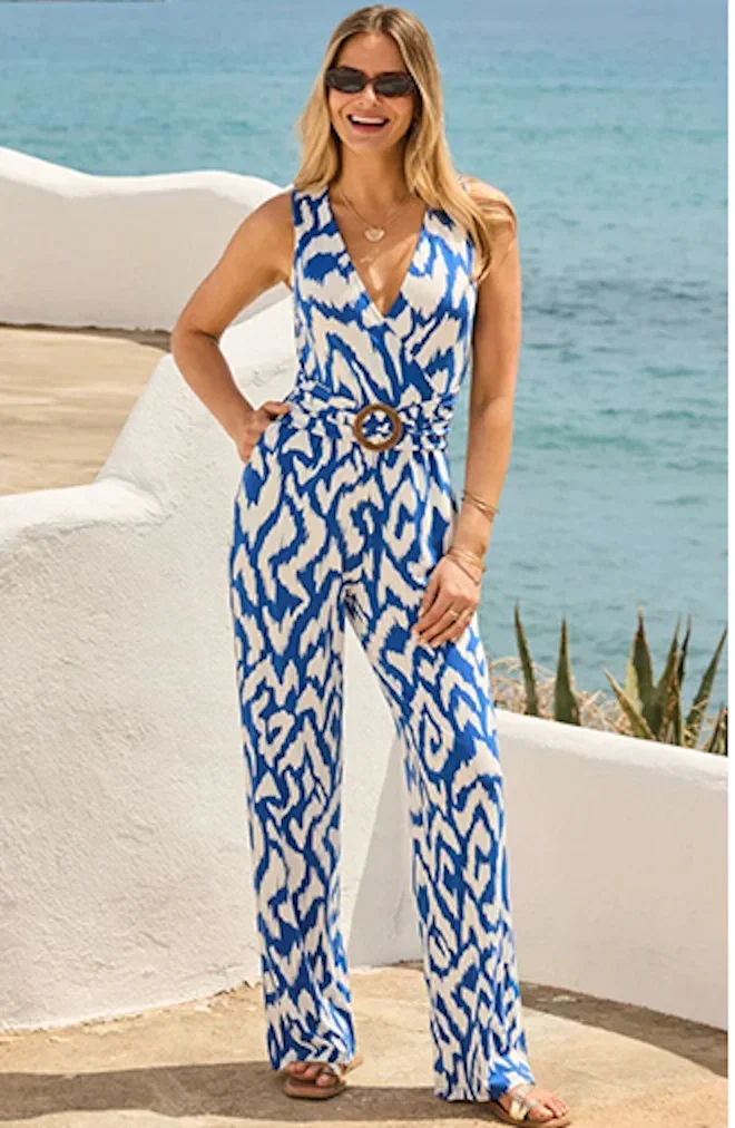 Blue & White Aztec Print Belted Wrap Jumpsuit