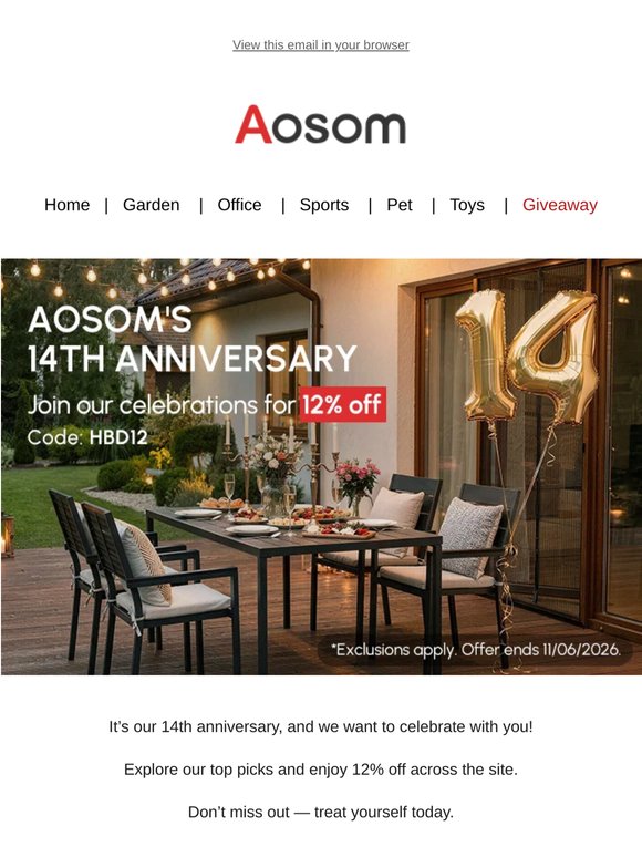 Celebrate Aosom’s 14th Anniversary 🎉