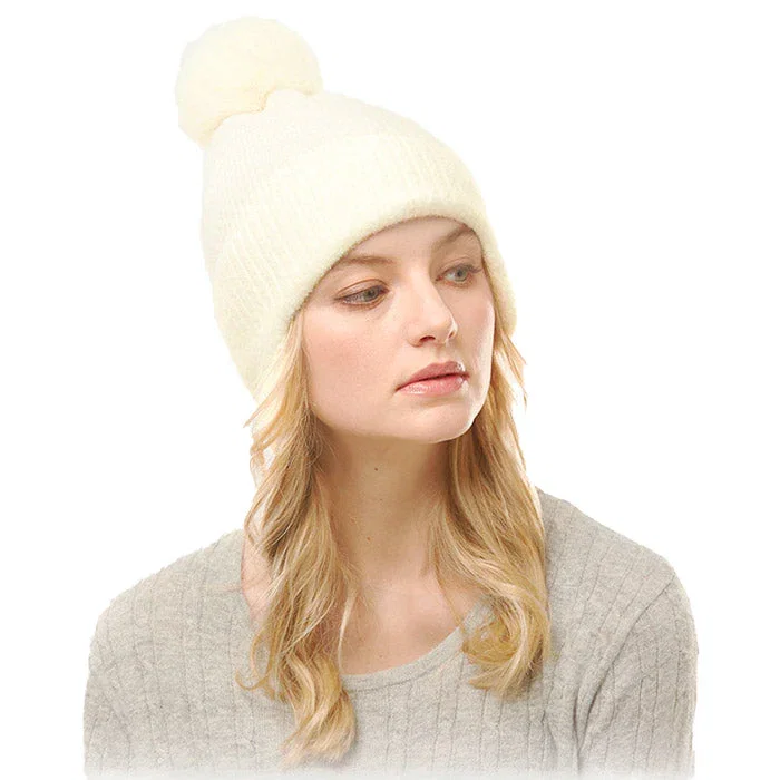 Image of Soft Solid Earflap Knit Pom Pom Beanie Hat