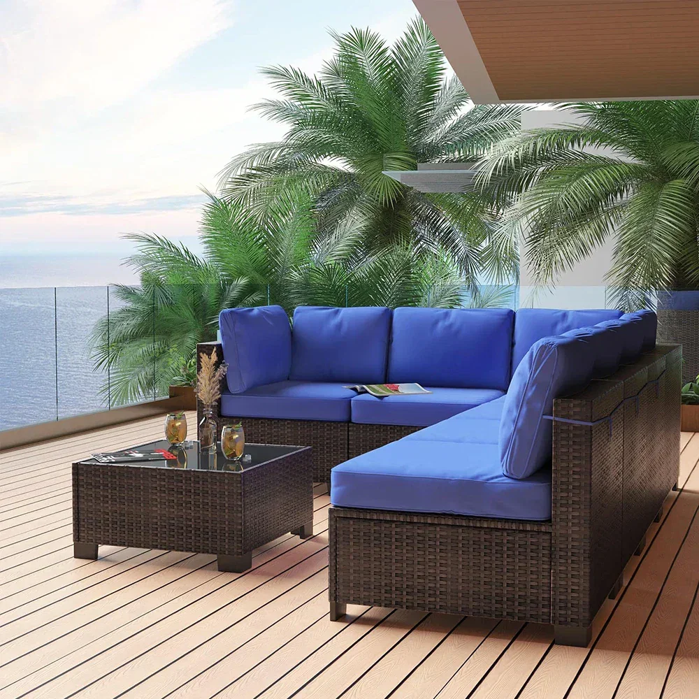 Image of 7-Piece PE Rattan Sectional Patio Set, Wicker Outdoor Sofa With Cushions & Glass Coffee Table, Conversation Furniture For Garden