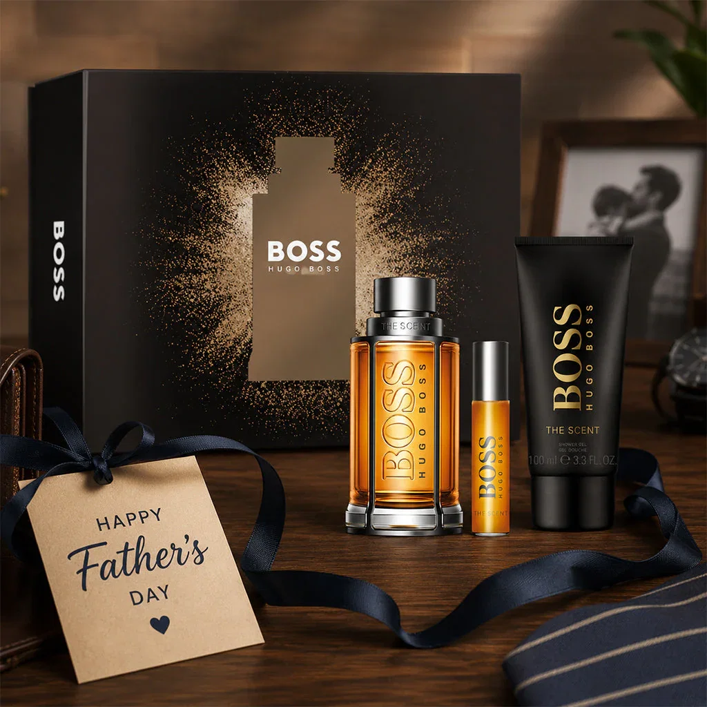Hugo Boss Father's Day fragrance gift set featuring cologne bottle, travel spray, and shower gel with black packaging.