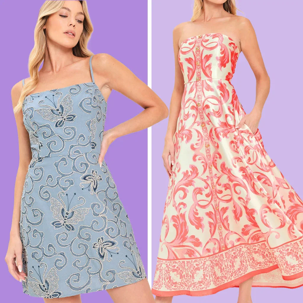 Two women modeling embroidered dresses from Flying Tomato New Arrivals collection against purple background.