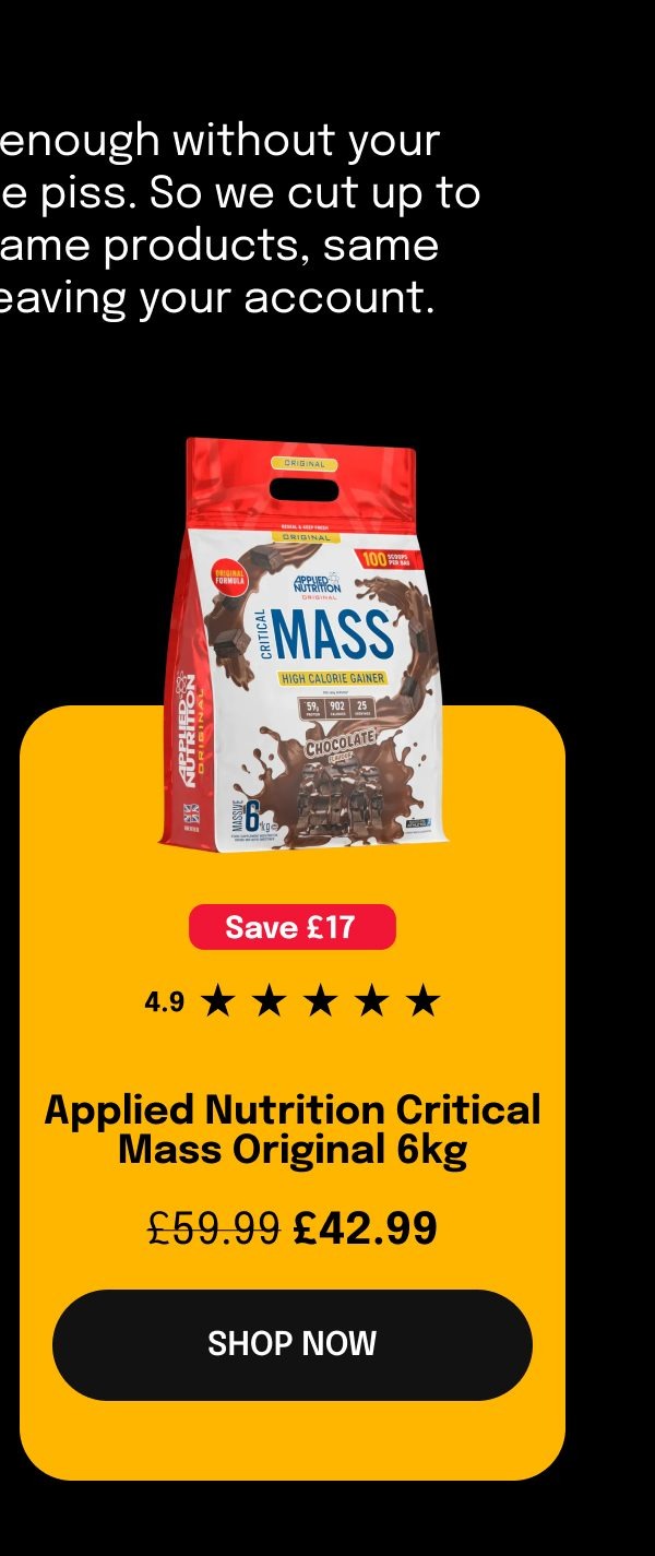 Applied Nutrition Critical Mass Original 6kg and DY Nutrition Metabolic Mass Gainer 6000g with prices.