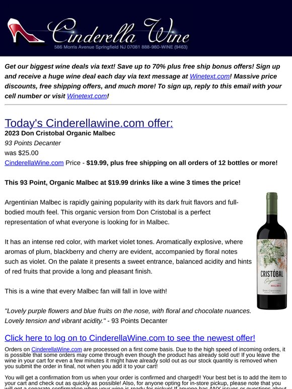 2023 Don Cristobal Organic Malbec (93 D) Free Ship on 12