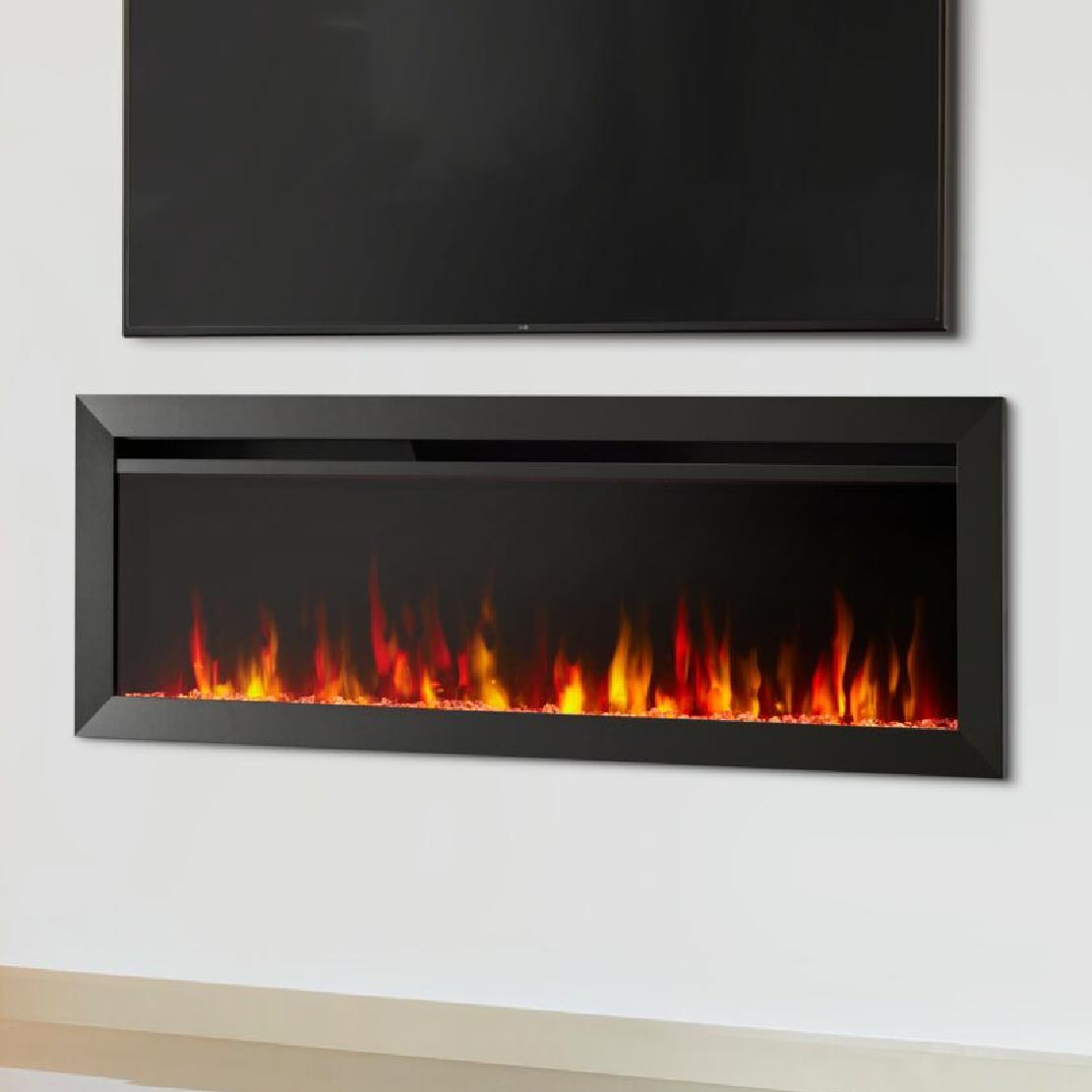 Wall-mounted electric fireplace with flames.