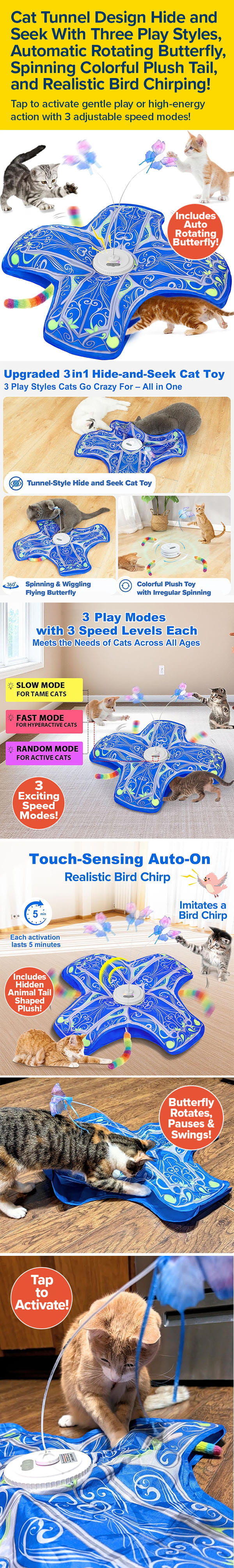 Cat Tunnel Design Hide and Seek With Three Play Styles, Automatic Rotating Butterfly, Spinning Colorful Plush Tail, and Realistic Bird Chirping!