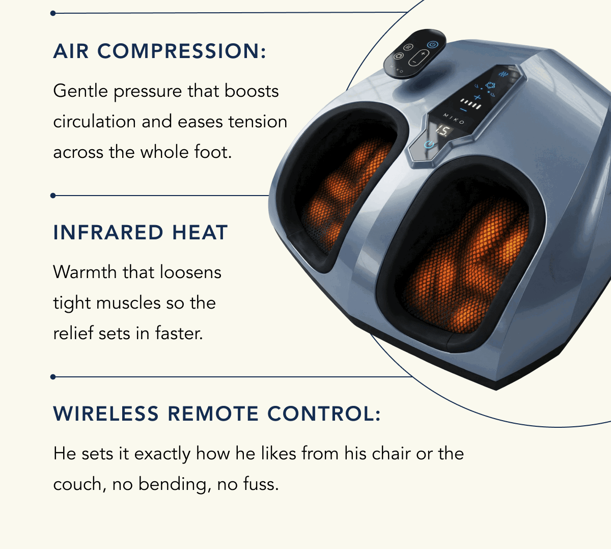Air compression, infrared heat, wireless remote control