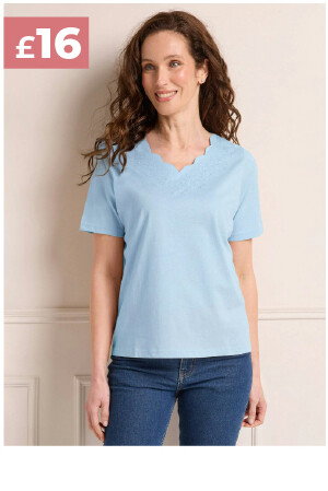 Pure Cotton Embroidered Scallop Neck T-Shirt