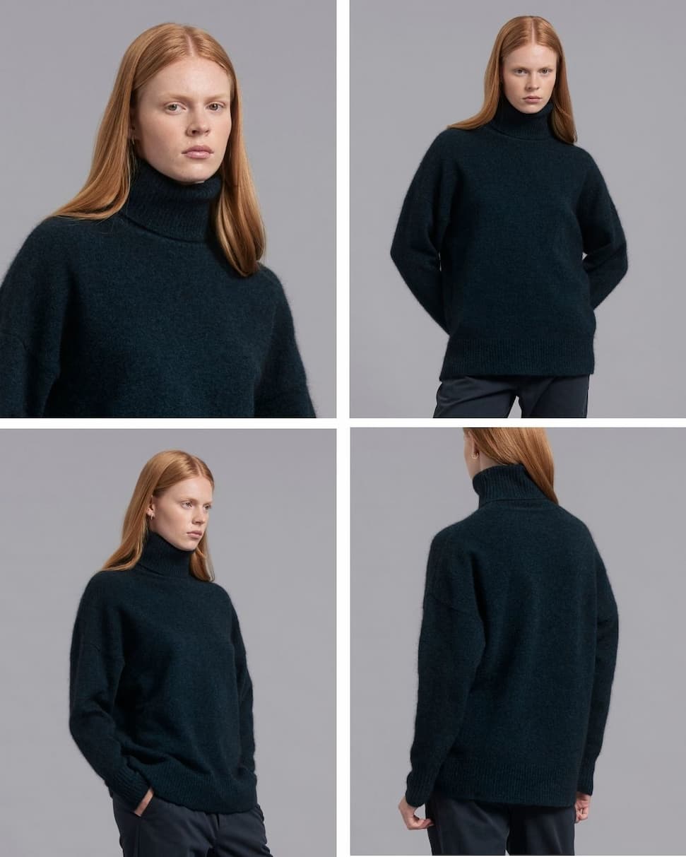 A relaxed cocoon silhouette, exaggerated roll neck, and brushed texture come together in a knit designed for cooler days and winter layering.