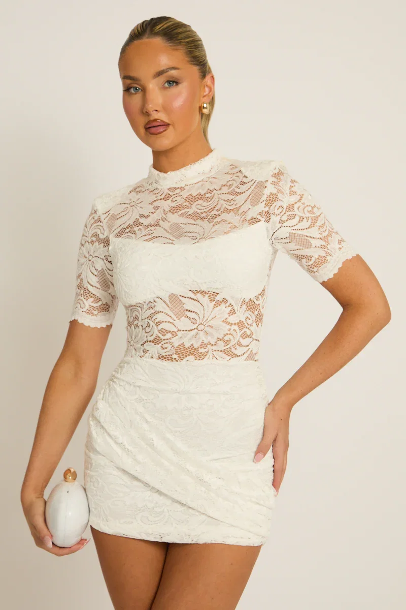 Image of White Lace High Neck Wrap Mini Dress - Blasen