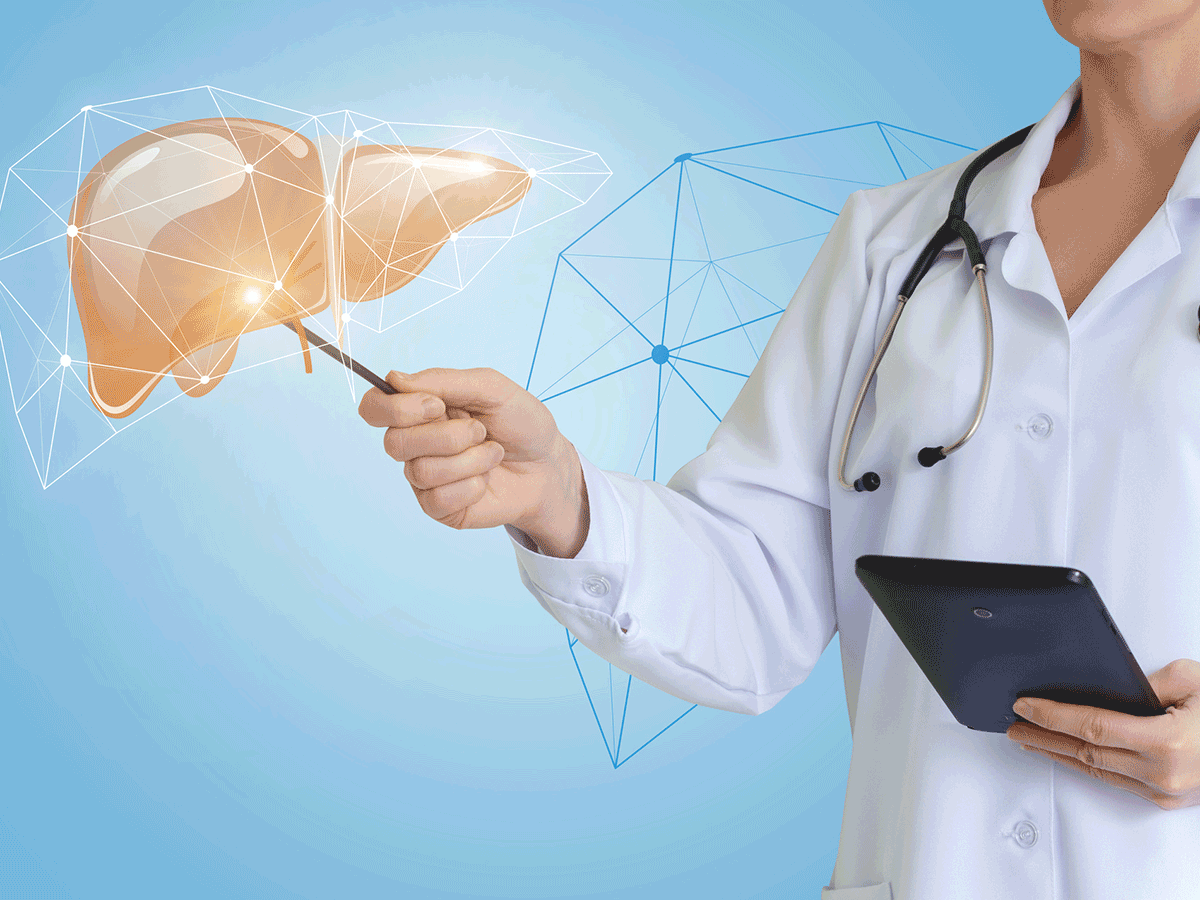 Doctor pointing at liver