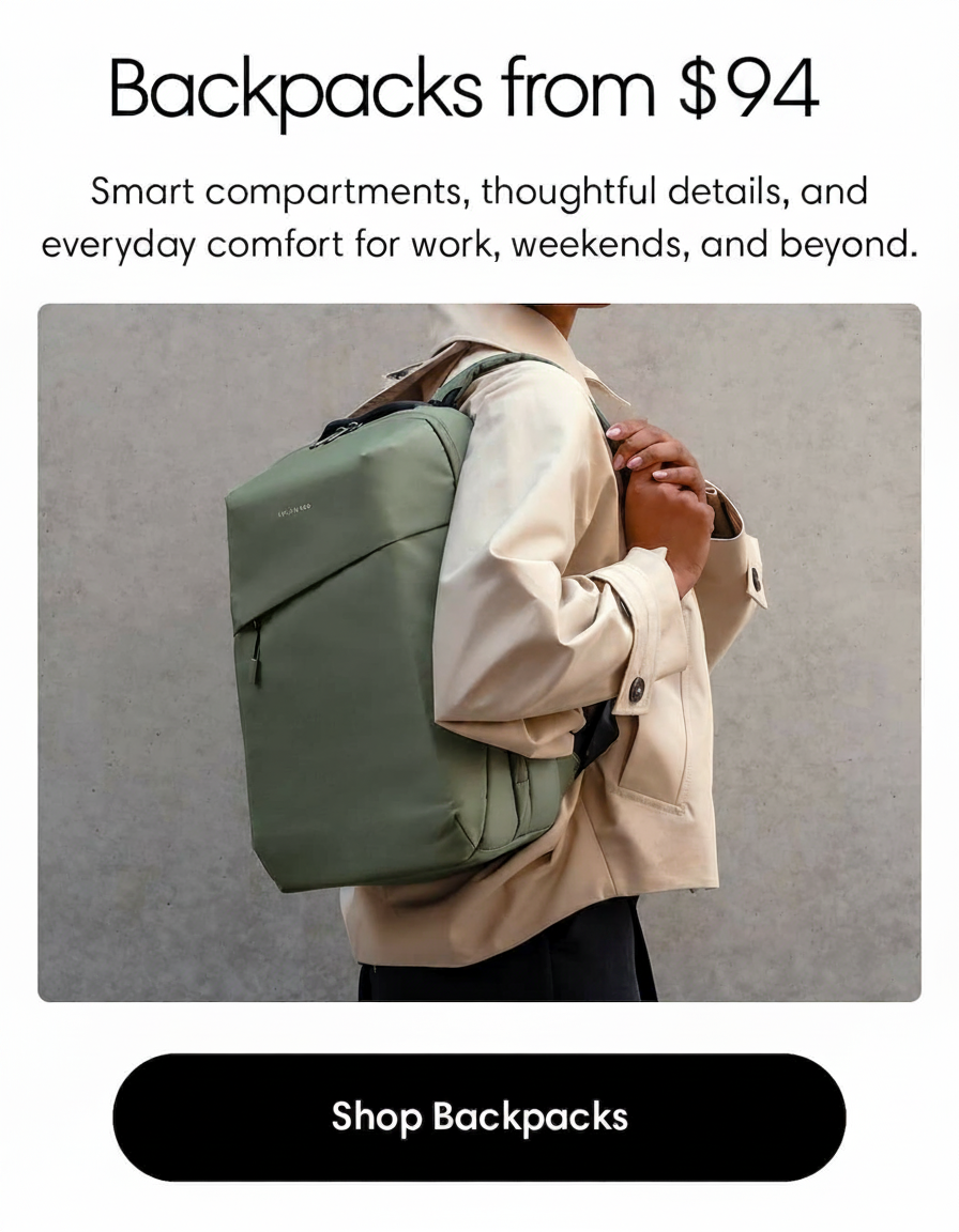 A person wears a green backpack, with text advertising "Backpacks from $94".