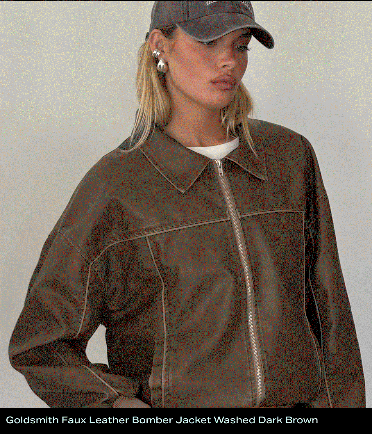 Goldsmith Faux Leather Bomber Jacket Washed Dark Brown