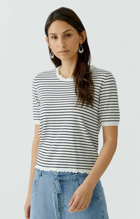 Ladies Oui Stripe Frill Neck Knitted T-shirt