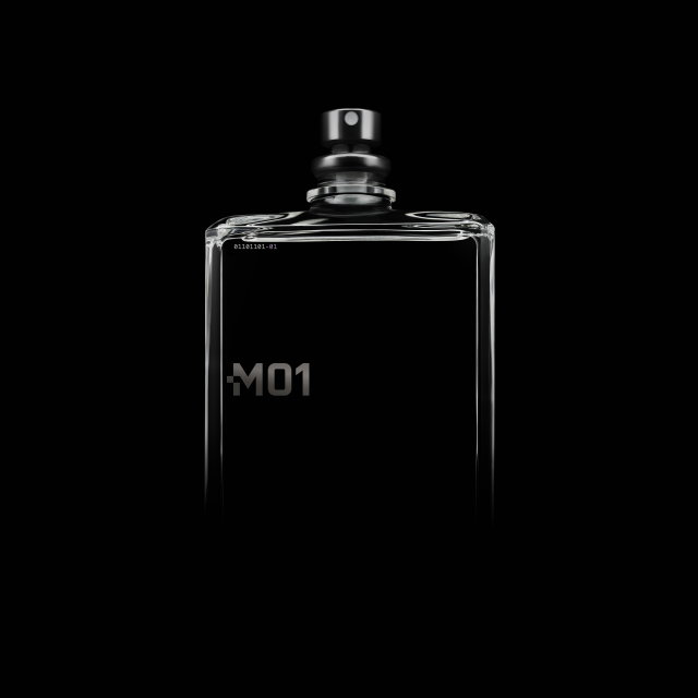 Minimalist black perfume bottle with 'M01' label on a dark background.