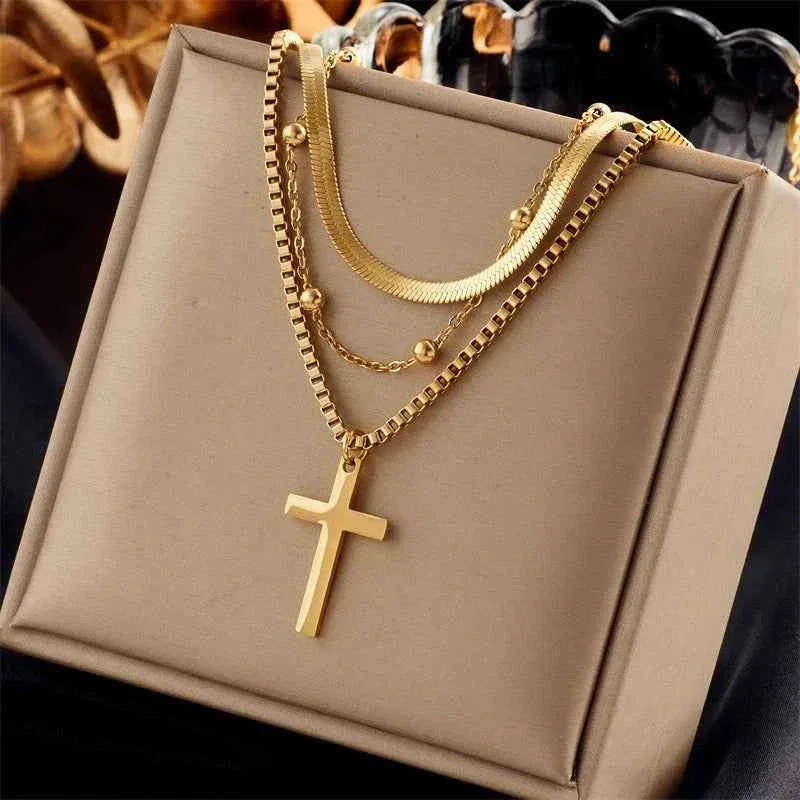 Image of Stainless Steel Gold Color Cross Pendant Necklace