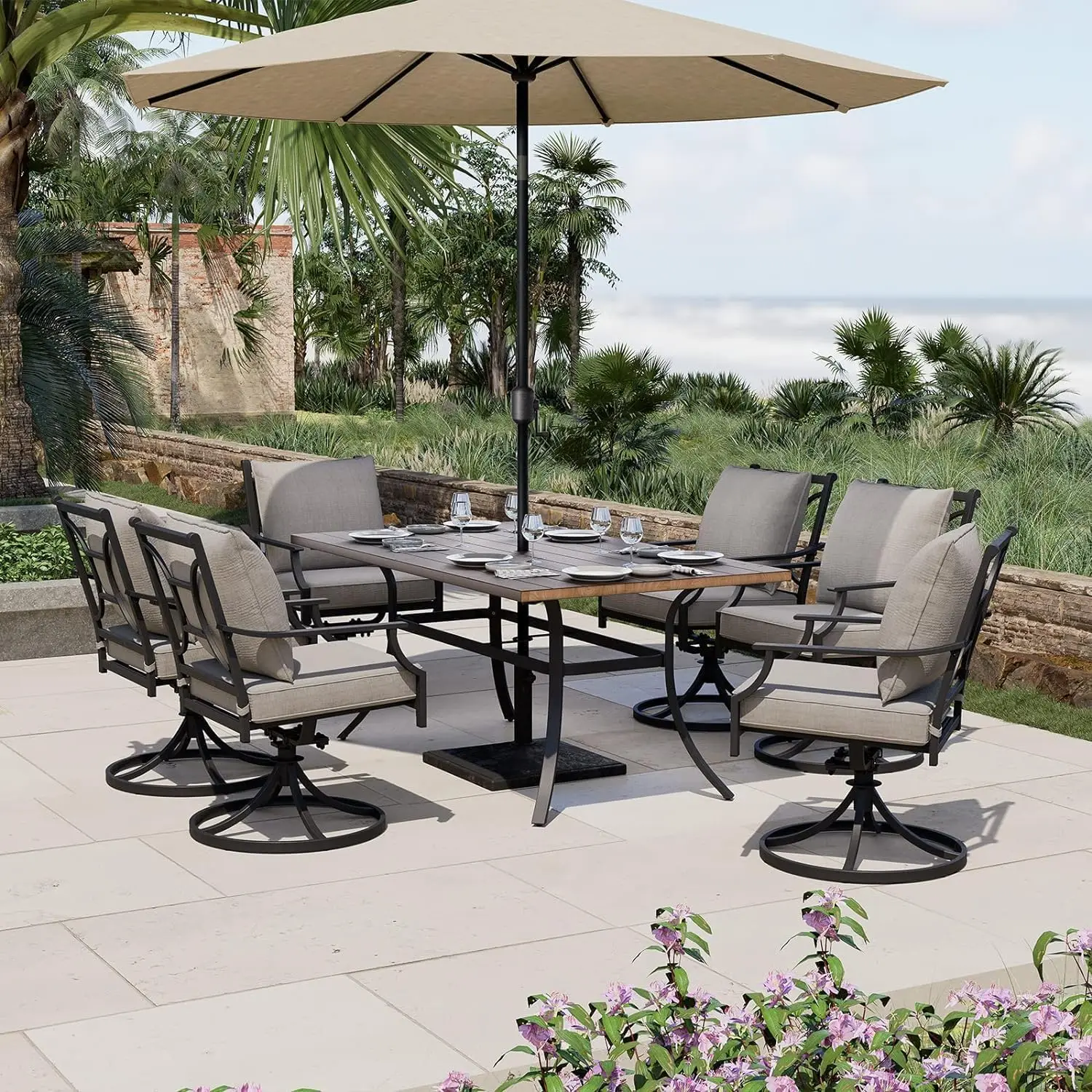 Image of 7-Piece Patio Dining Set for 6, Outdoor Swivel Chairs with Olefin Cushions &  Black Rectangular Faux Woodgrain Dining Table