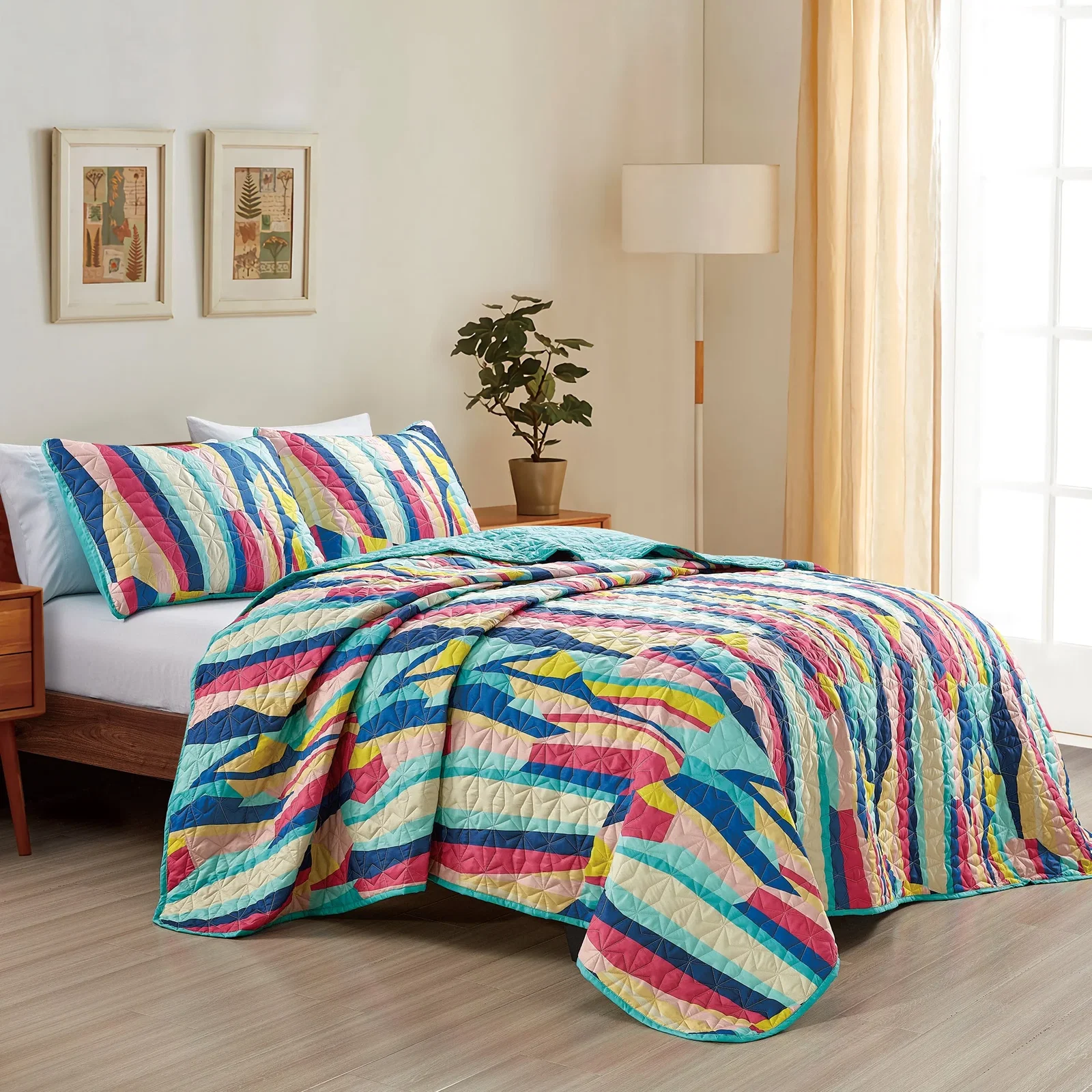 Image of Reversible 3-Piece Vibrant Geometric Stripe Bedspread Set - Quilted Coverlet with Pillow Shams