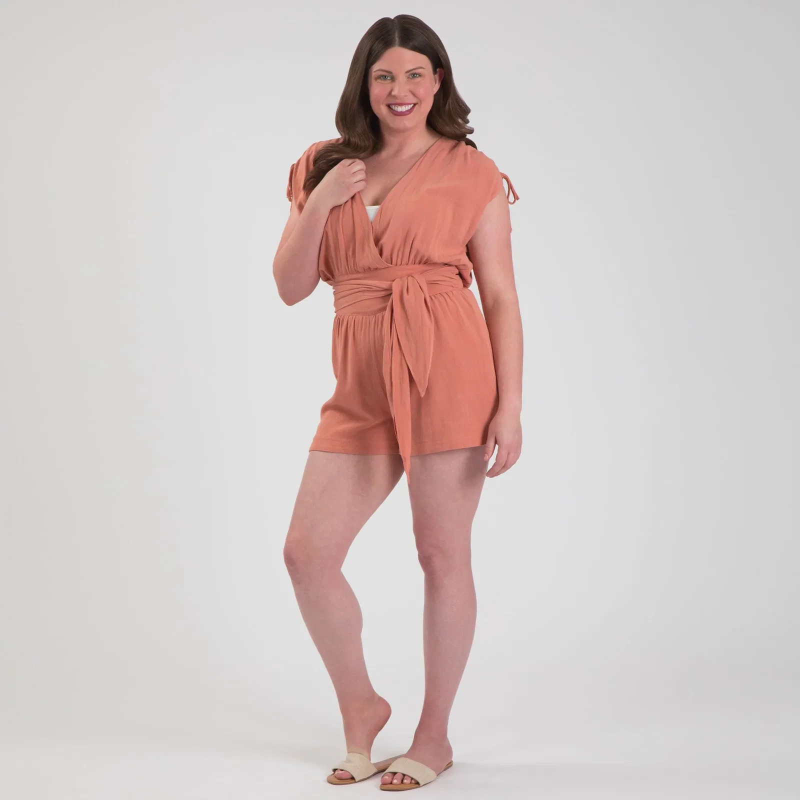 Image of Lightweight V-Neck Romper with Tie Waist