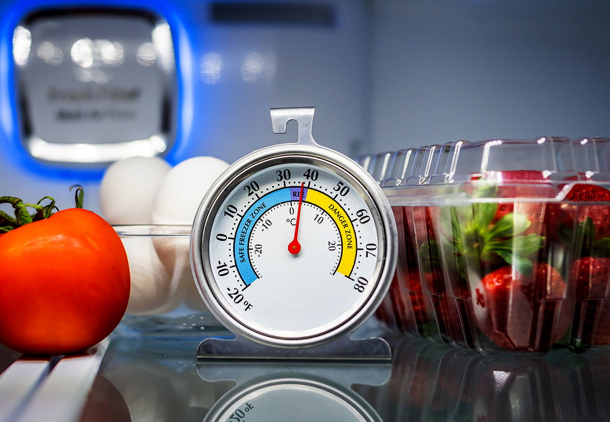 A refrigerator thermometer sits between fresh produce and eggs inside a fridge