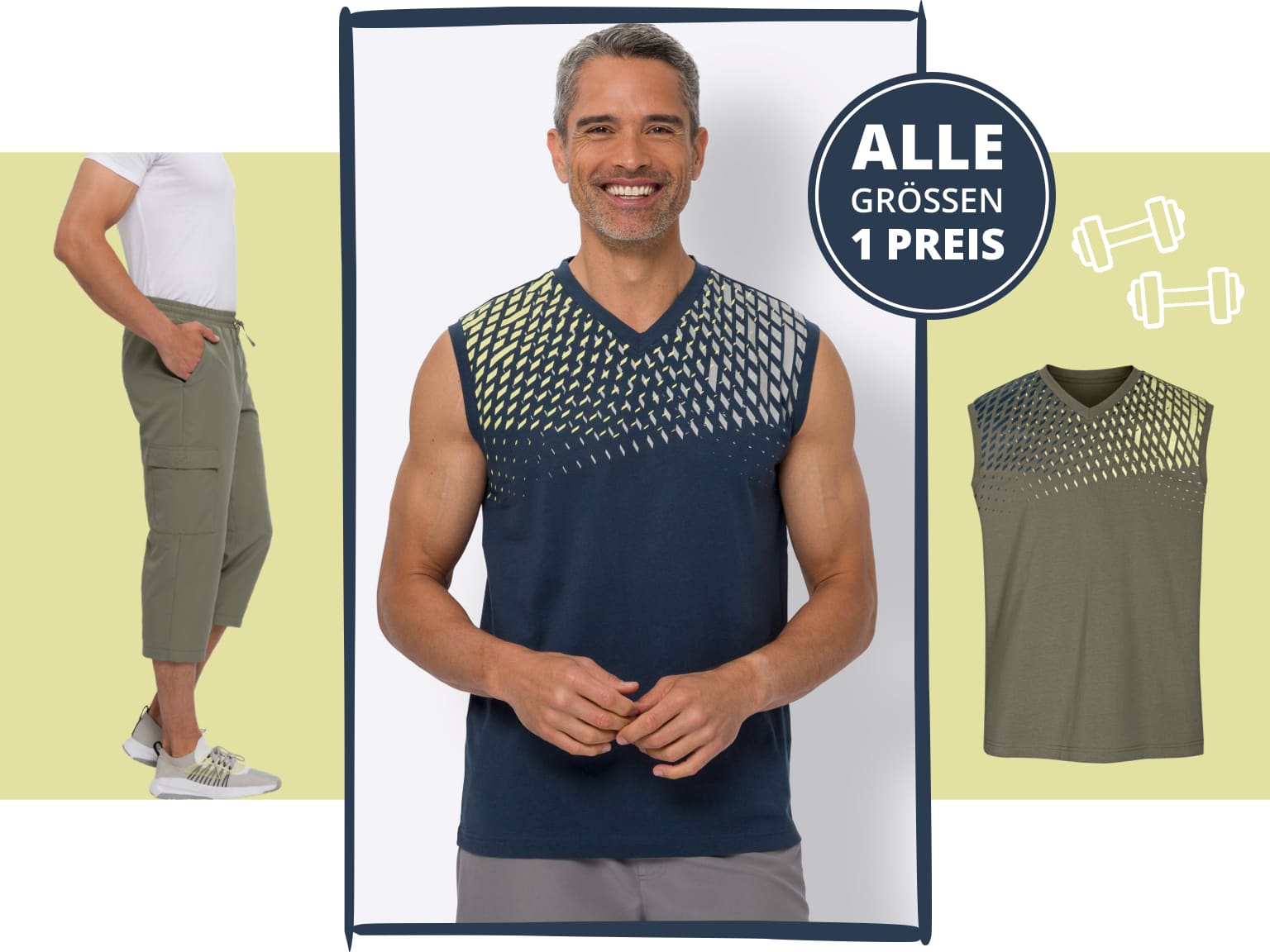  Ein Model trägt ein ärmelloses, blau-gelbes Sportshirt mit V-Ausschnitt. Daneben sind eine olivgrüne Variante des Shirts und ein Model mit olivgrüner, dreiviertellanger Hose zu sehen. Freizeitmode für Herren. Alle Größen ein Preis. Bild oder Schaltfläche darunter anklicken, um in den Shop zu gelangen >